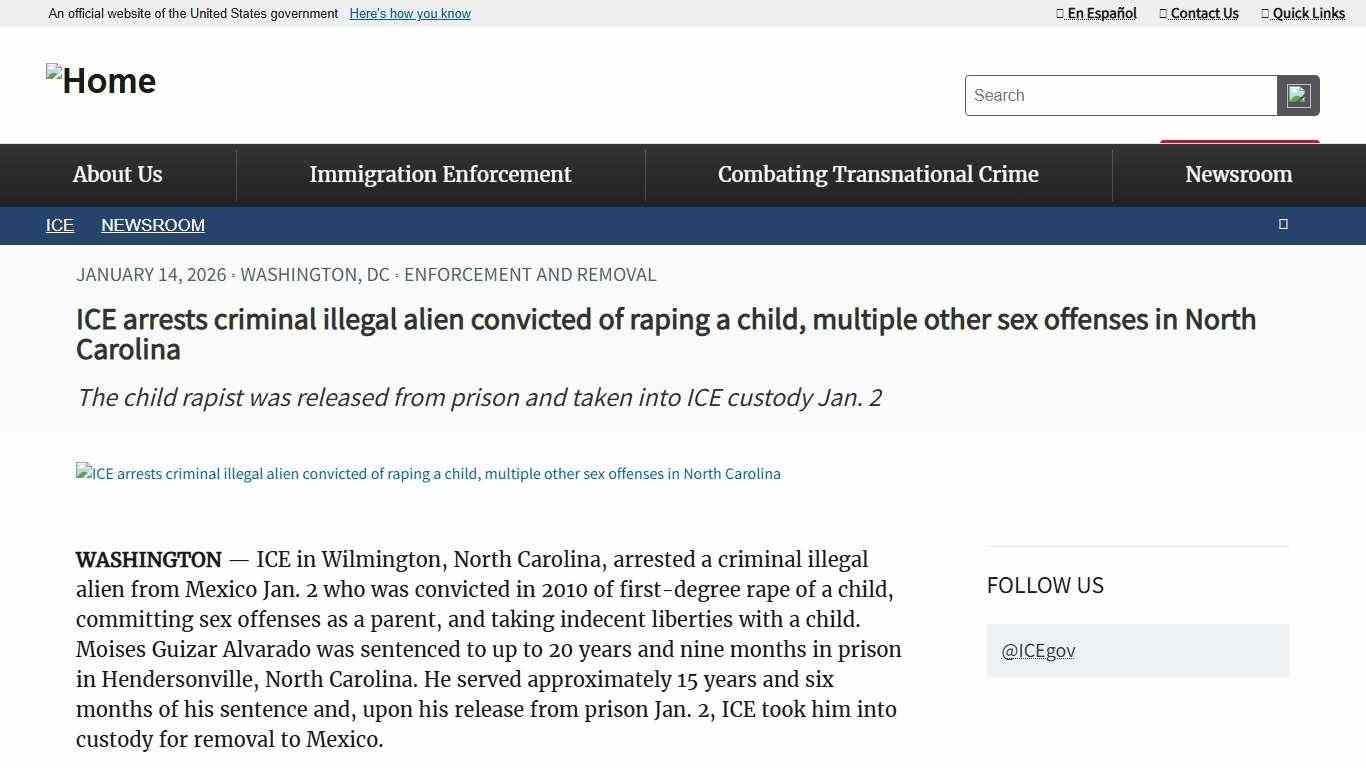 ICE arrests criminal illegal alien convicted of raping a child, multiple other sex offenses in North Carolina ICE